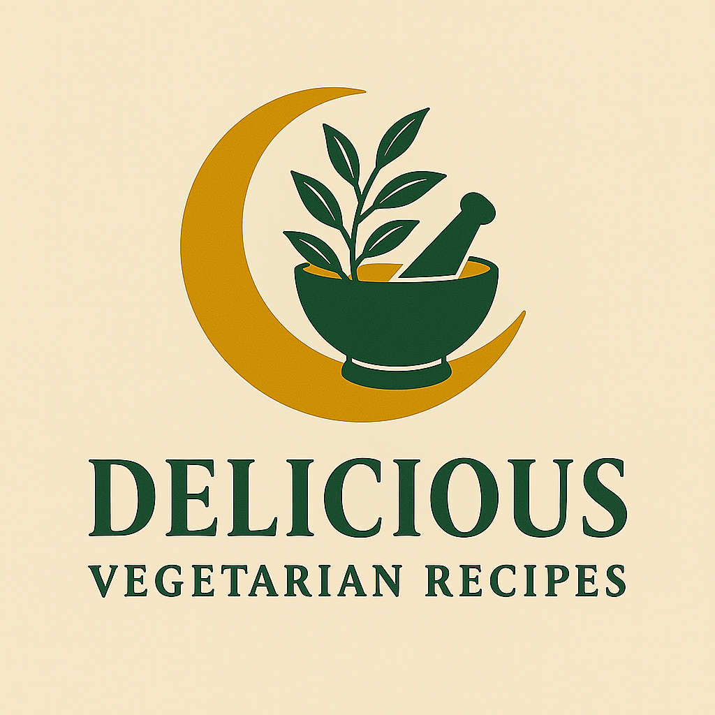 Delicious Vegetarian Recipes logo with moon and herbal grinder bowl
