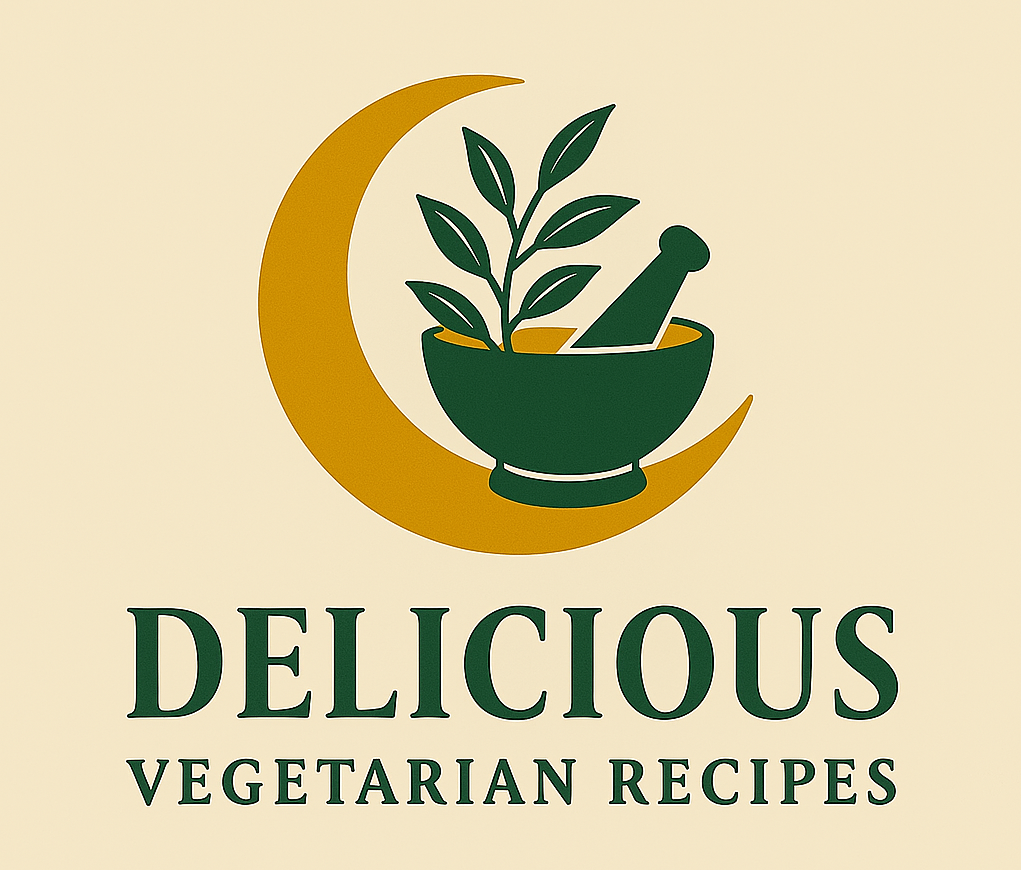 Delicious Vegetarian Recipes logo with moon and herbal grinder bowl