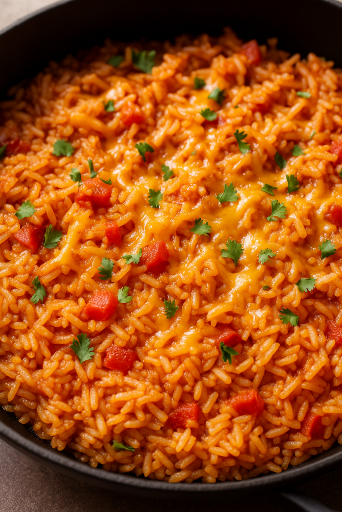 Close up of quick eats cheesy Spanish rice with salsa