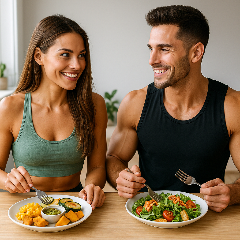Fit couple enjoying a low Fodmap vegetarian recipe plan together