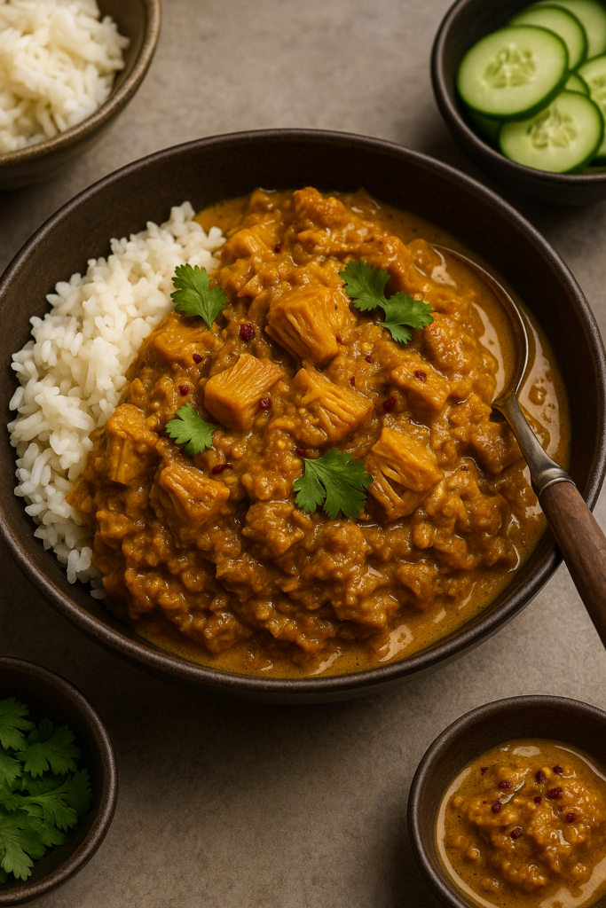 Bowl of a vegetarian rendang jackfruit recipe with other ingredients surrounding it.