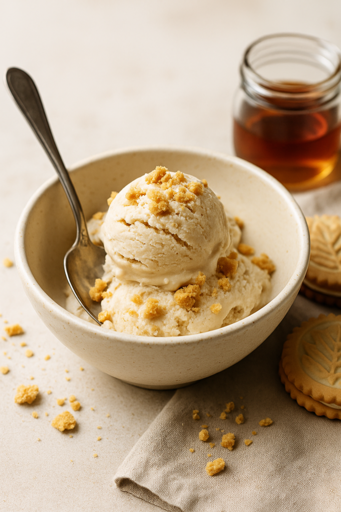 Bowl of maple ice cream with coconut milk with cookie crumbles in it