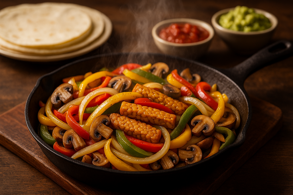 Veggie fajitas sitting in a cast iron skillet on a table surrounded by tortillas, avocado and salsa.