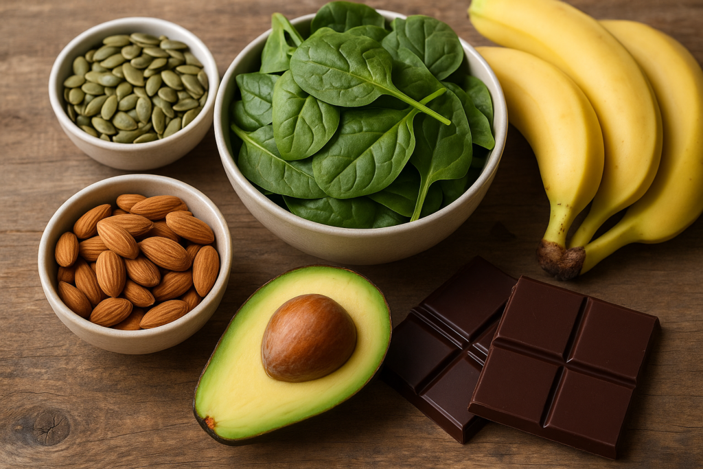 6 Powerful Magnesium rich foods sitting on a table.
