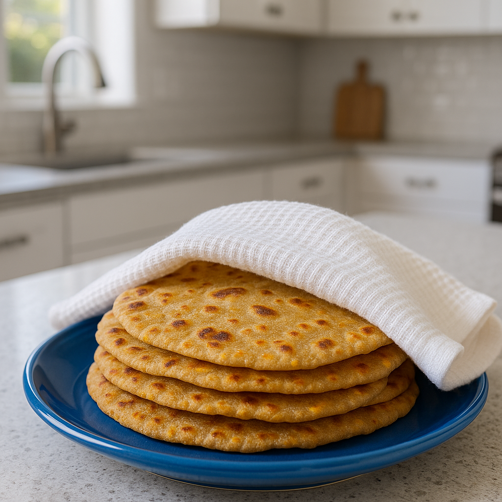 Carrot Chapata recipe with carrot chapatas resting on a plate partially covered with a towel
