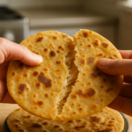 Carrot chapati recipe showing soft, layered chapati torn open with visible flaky layers inside.