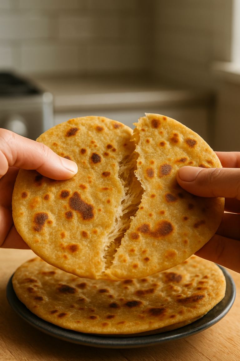Carrot chapati recipe showing soft, layered chapati torn open with visible flaky layers inside.