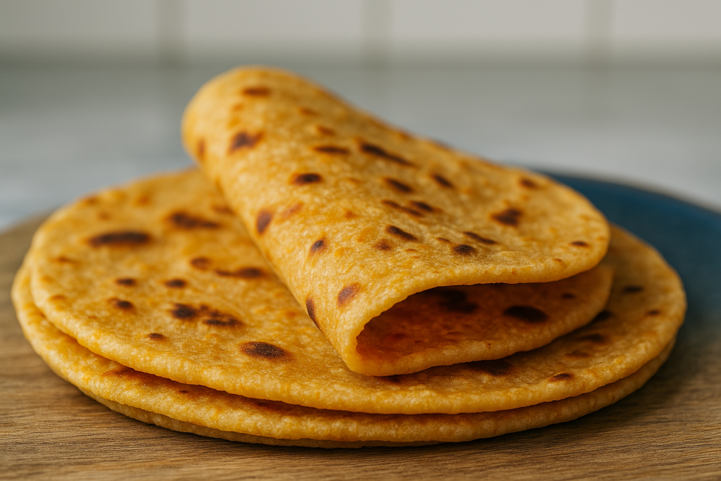 a folded over carrot chapati sitting on top of other chapatis